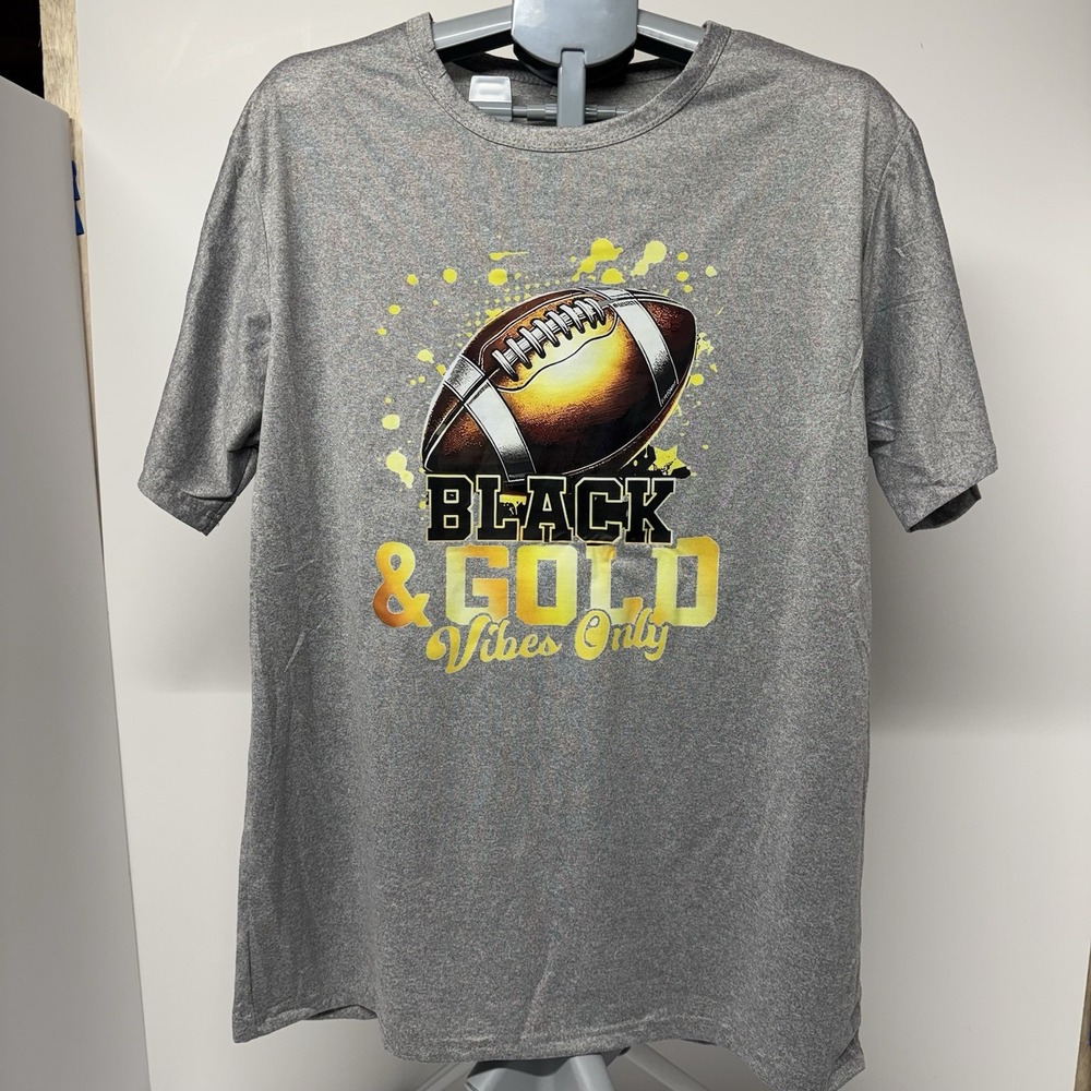 Black & Gold Vibes Only Football Graphic T-Shirt Gray Short Sleeve Men's XL